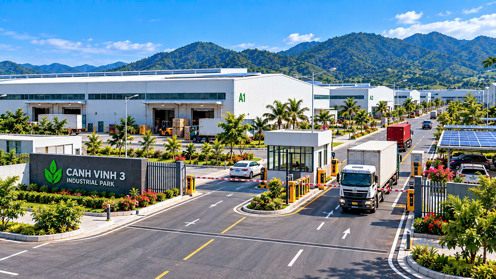 Cổng kiểm soát an ninh ra vào và khu nhà xưởng tiêu chuẩn Cụm công nghiệp Canh Vinh 3